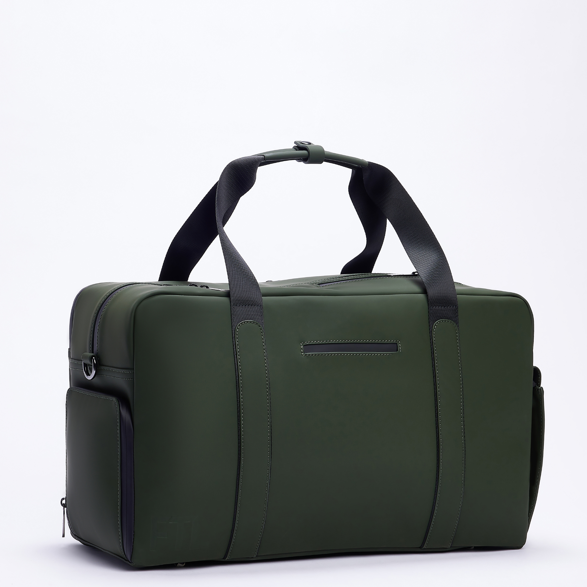 Duffle gym bag for men in dark green with black handles, side pocket, and minimalist design for everyday workouts.

Abbot Green