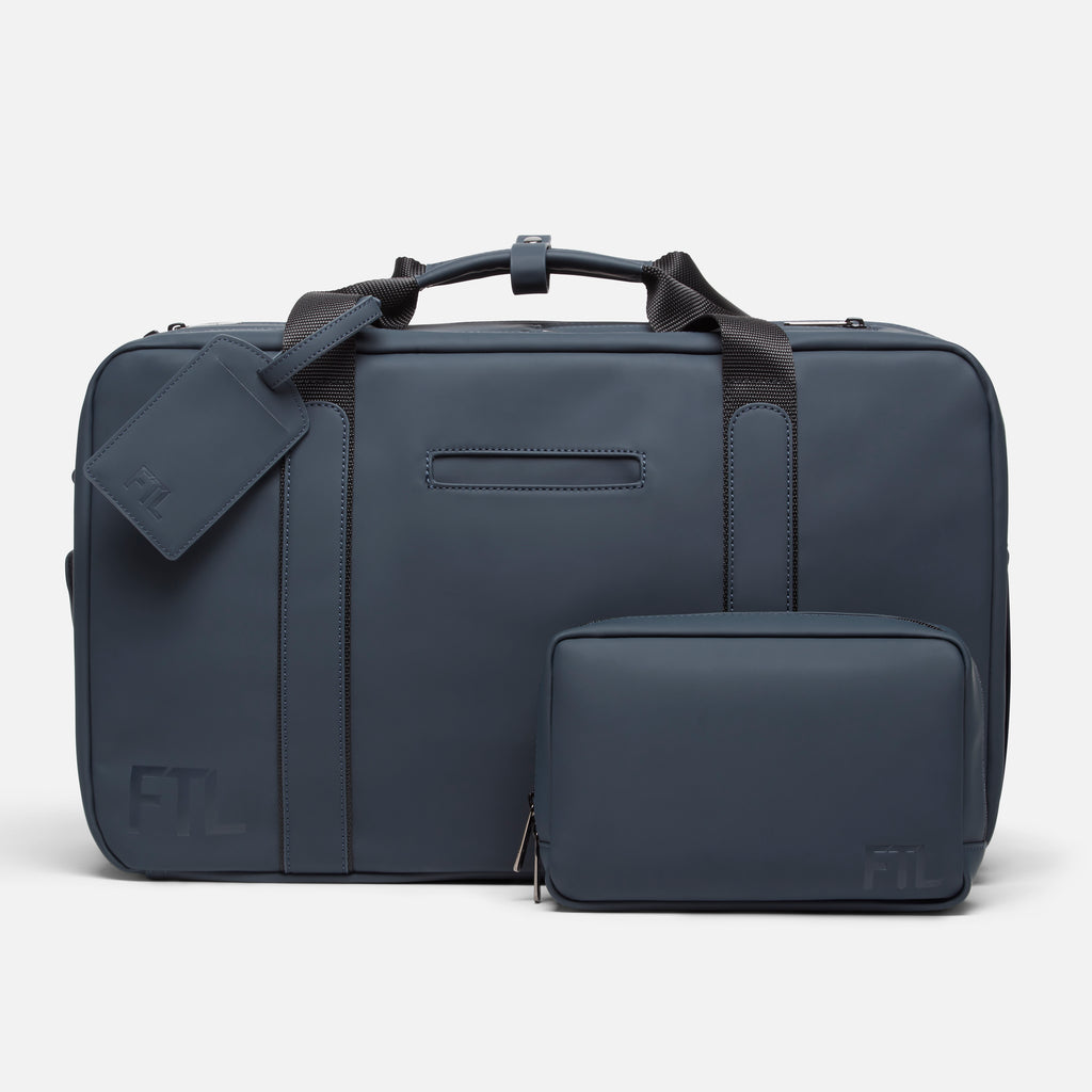 The best office gym bag in navy with matching toiletry pouch and tag, perfect for professional and fitness organization.