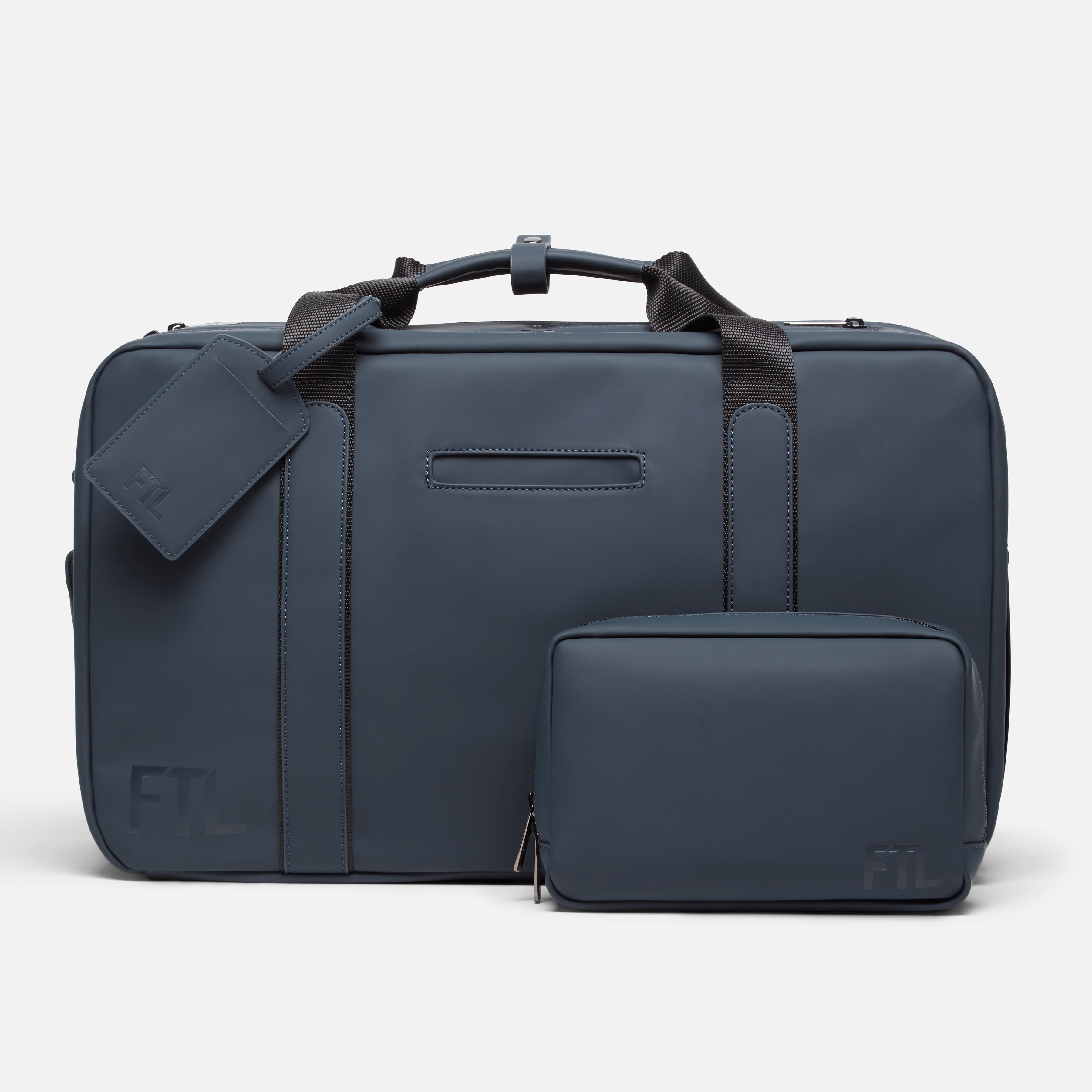 The best office gym bag in navy with matching toiletry pouch and tag, perfect for professional and fitness organization.