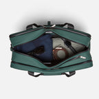 Duffle gym bag for men in green with organized interior compartments for clothes, accessories, and daily workout essentials.