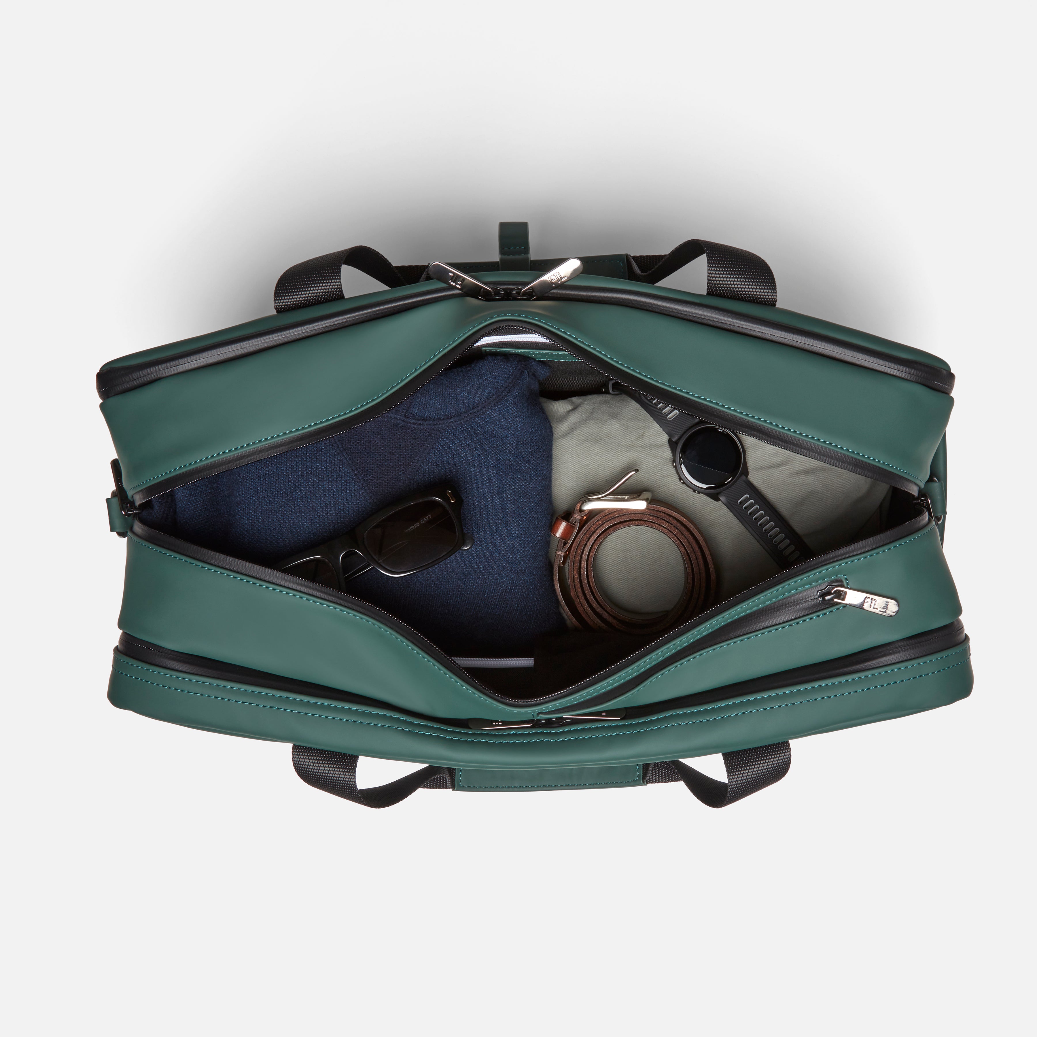 Duffle gym bag for men in green with organized interior compartments for clothes, accessories, and daily workout essentials.