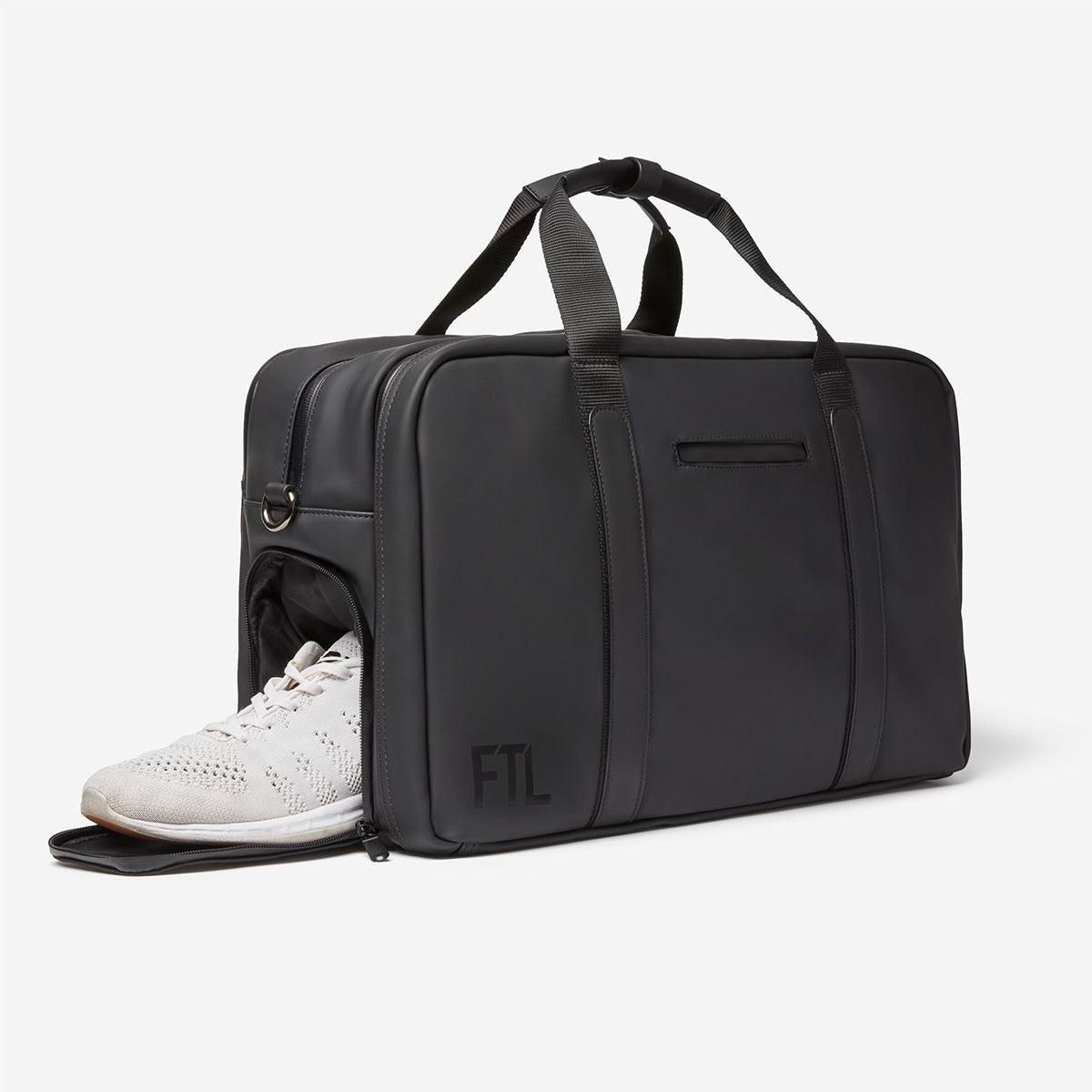 Men's garment duffel bag in black with separate shoe compartment, ideal for gym and business travel essentials.