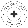 Circular badge with a four-point star reading Personalized Product.