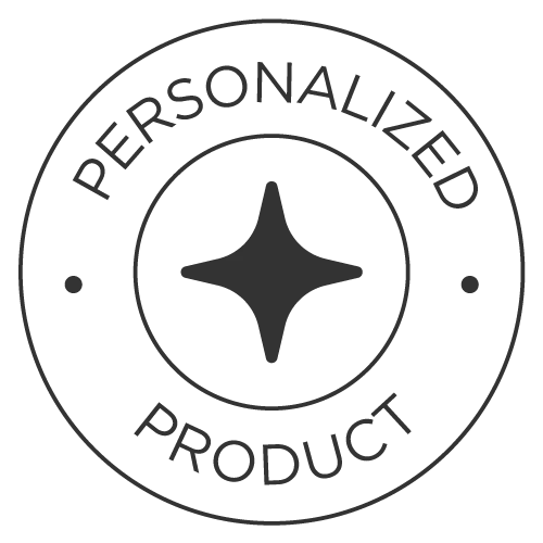 Circular badge with a four-point star reading Personalized Product.