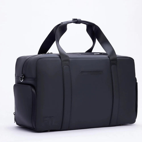 FTL Max black duffel bag with carry handles, side pocket, and embossed logo.