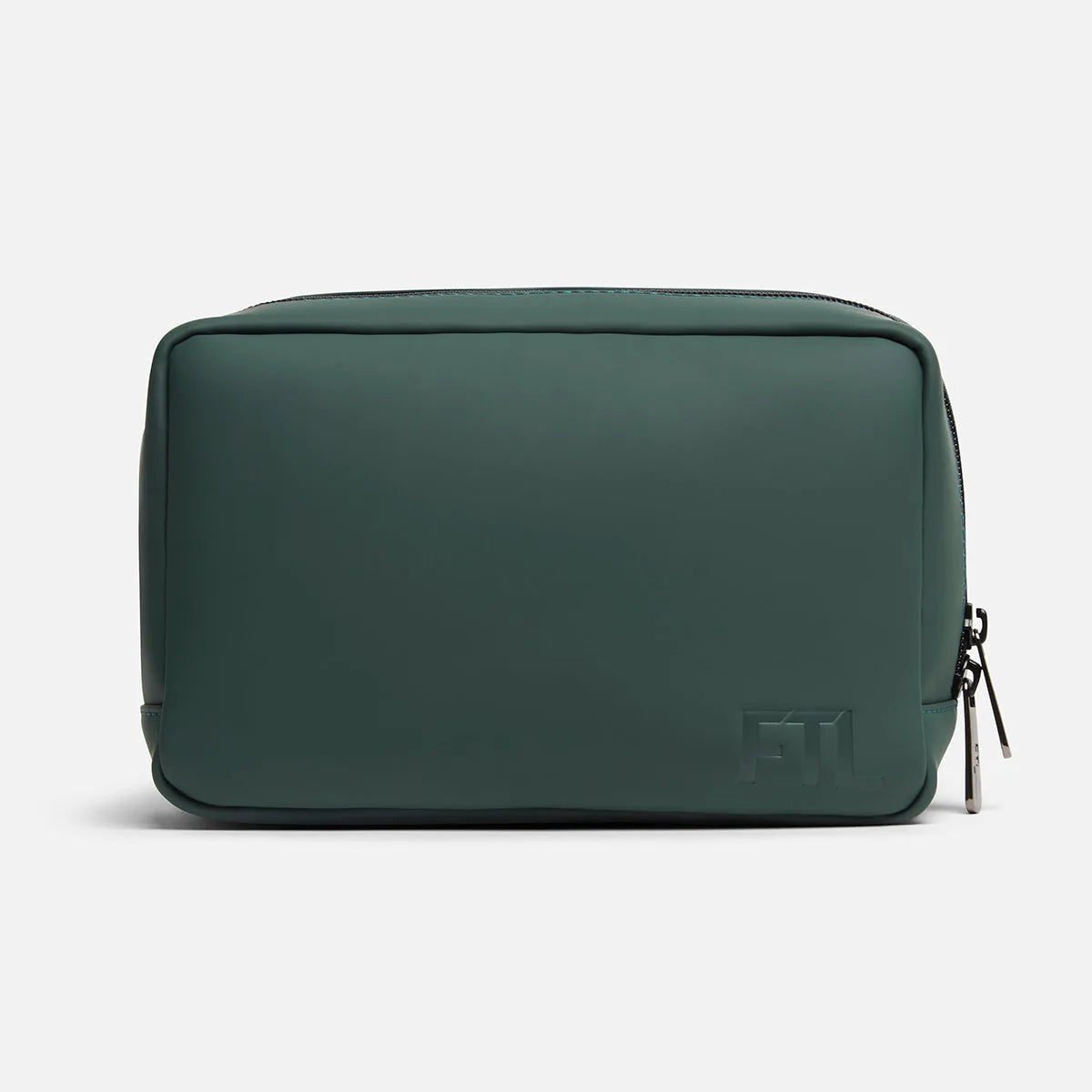 Green FTL dopp kit and tech organizer with top zip and embossed logo.