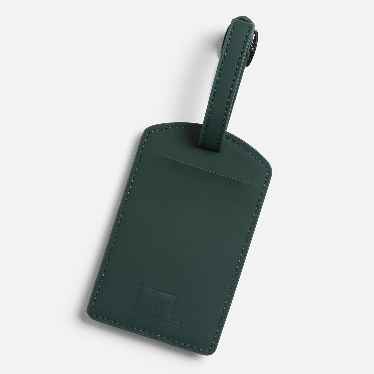 Green PU leather FTL luggage tag with embossed logo and matching strap.