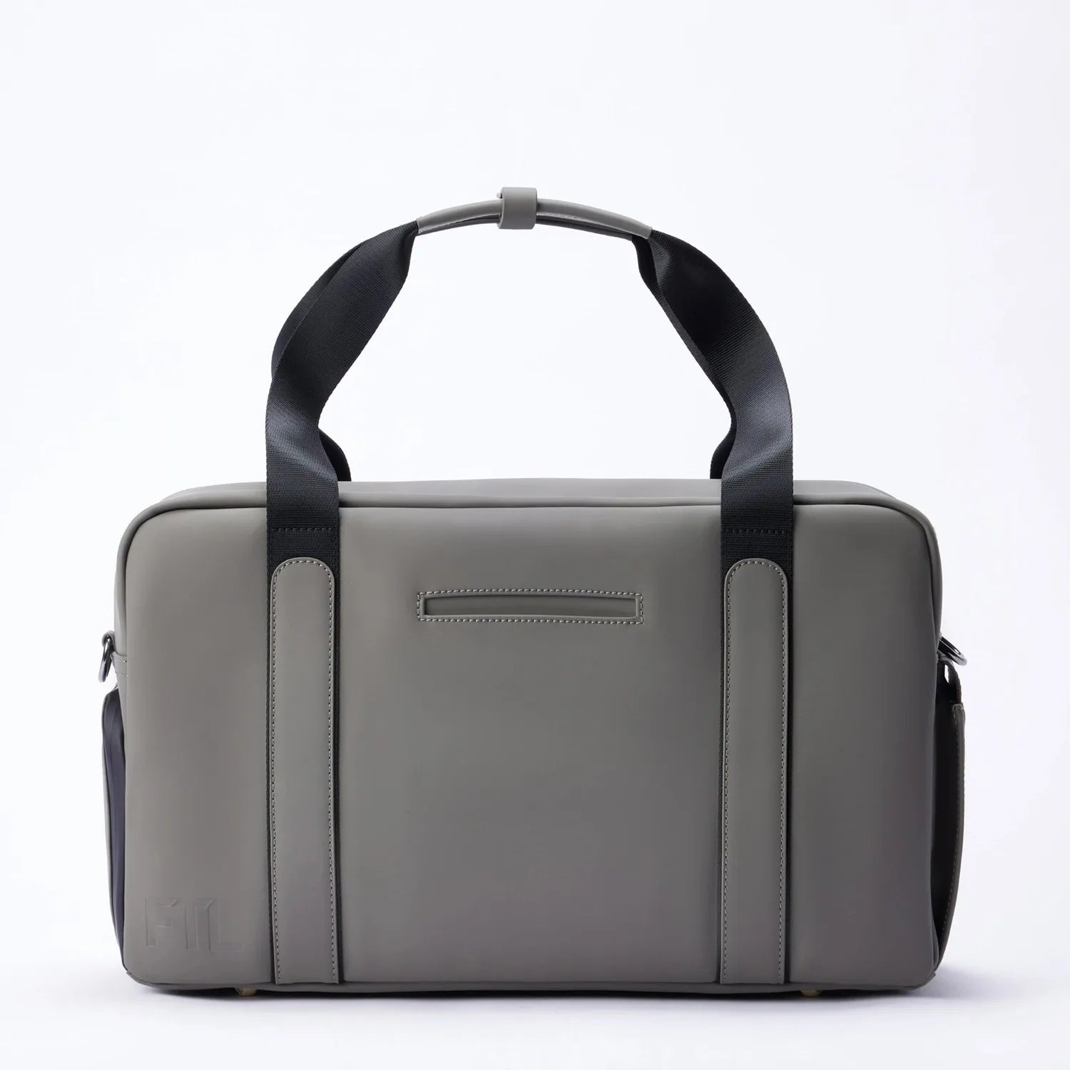 Grey FTL Lite duffel bag with black carry handles, shown front-on for gym and work.