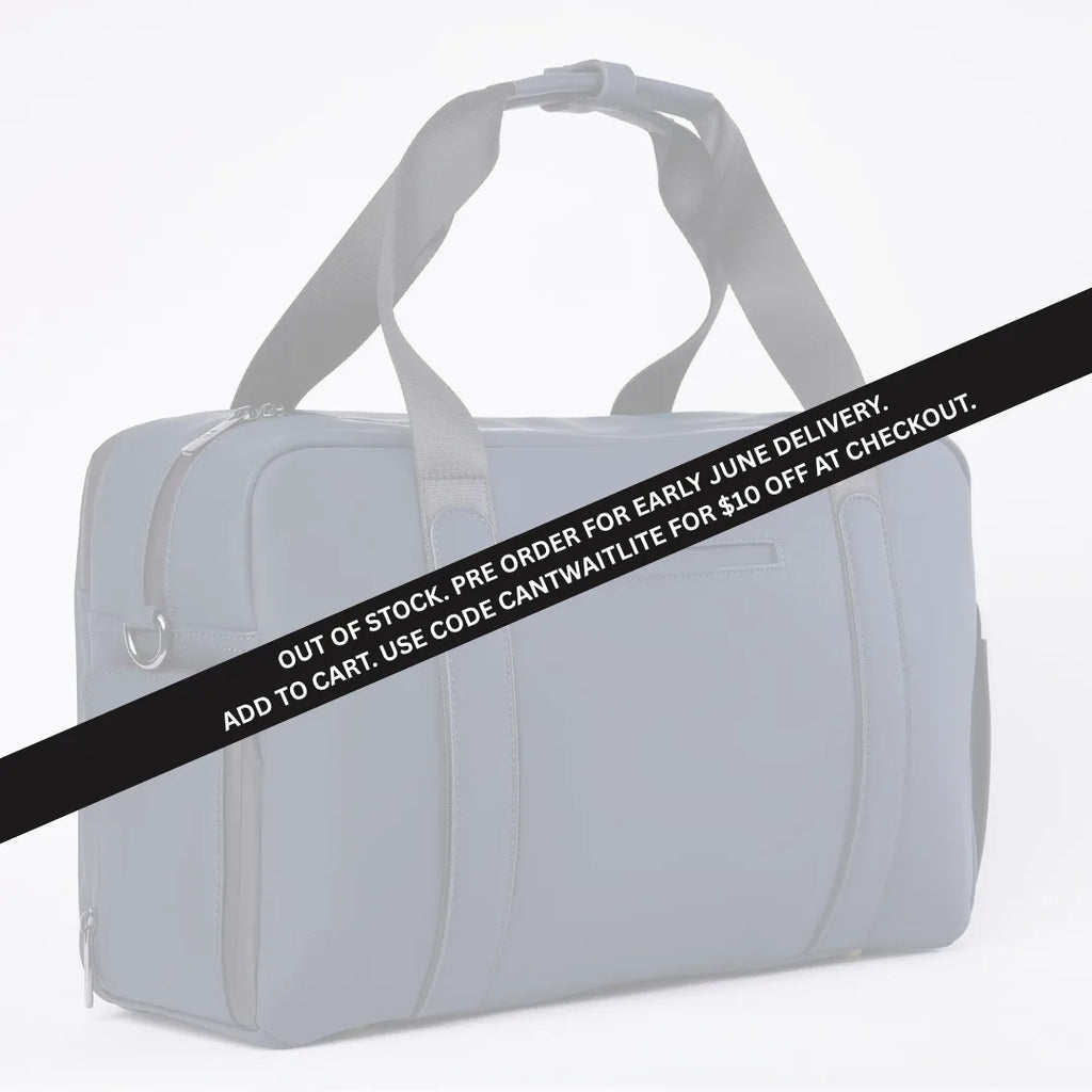 Grey FTL Lite gym and work duffel bag with pre-order and $10 off banner across it.