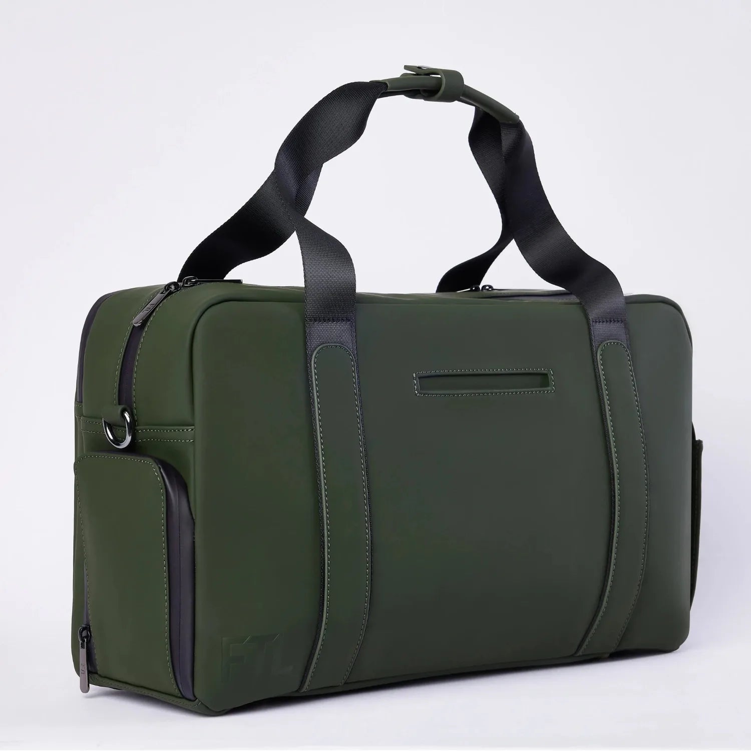 Olive green FTL Lite duffel bag with black carry straps and side pocket.